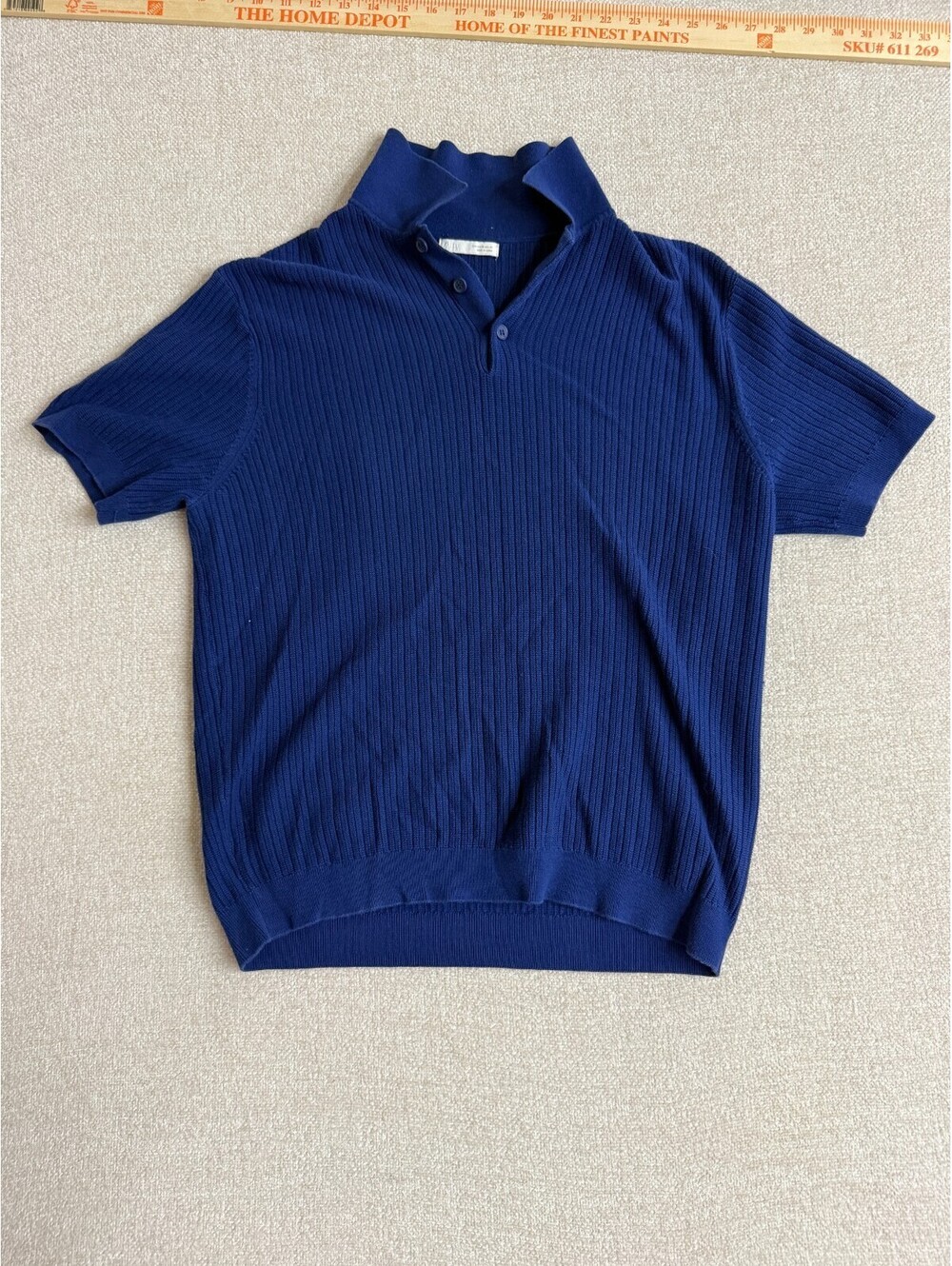 ZARA Mens Medium Royal Blue Ribbed Knit Short Sleeve Sweater Polo Shirt